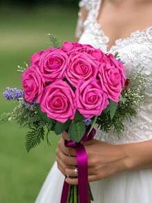50 flores + 2 hojas Rosas artificiales de espuma blanca con tallos, aspecto realista para ramos de boda DIY, centros de mesa para despedida de soltera, arreglos florales, decoraciones de mesa para fiestas, decoración del hogar, regalos, cumpleaños, graduaciones, etc. - Rosa Fucsia - Ver 3