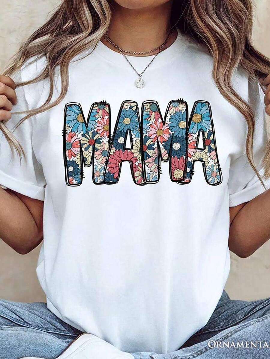 Camiseta Daisy Floral Mama, colorida camiseta blanca para mujeres con estilo y alegría. Camiseta unisex de algodón puro de 220 g, peso ideal para todas las estaciones, adecuada tanto para hombres como para mujeres. Tejido duradero de alta calidad, suave al tacto y de larga duración. Top transpirable. Adecuado para la primavera y el verano, vacaciones, Día de la Madre, Día de la Independencia. - Blanco - Ver 1