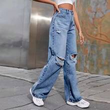 High Waist Ripped Wide Leg Jeans Women INS Fashion Casual Denim Pants - màu đen - Xem 4