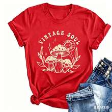 Women's Plus Size Vintage Cotton T-Shirt With 'Vintage Soul' Graphic Print, Oversized Short Sleeve Casual T-Shirt With Mushroom And Sun Print, Loose Fit Top For Everyday Wear, Soft And Comfortable Cotton Material, Retro Aesthetic T-Shirt. - 紅色 - 查看 7