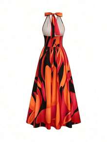 Nuevo vestido maxi elegante, casual y sexy de diseño de alta gama con cuello en V, halter, cintura expuesta, espalda descubierta y corte evasé sin mangas, con estampado floral rojo y verde, vestido de lujo de alta gama para mujer - Rojo - Ver 4