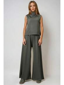 Women's Solid Color Turtleneck Tank Top And Pants Casual Suit - Army Green - View 3
