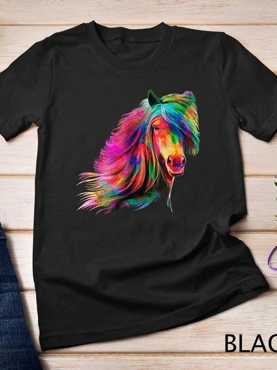 Sudadera con estampado artístico de caballo arcoíris acuarela. 220 g de algodón puro unisex. Peso ideal para todas las estaciones, apto para hombres y mujeres. Tejido duradero de alta calidad, suave al tacto y de larga duración. Parte superior transpirable. Adecuado para primavera y verano, vacaciones, Día de la Madre, Día de la Independencia. - Negro - Ver 1