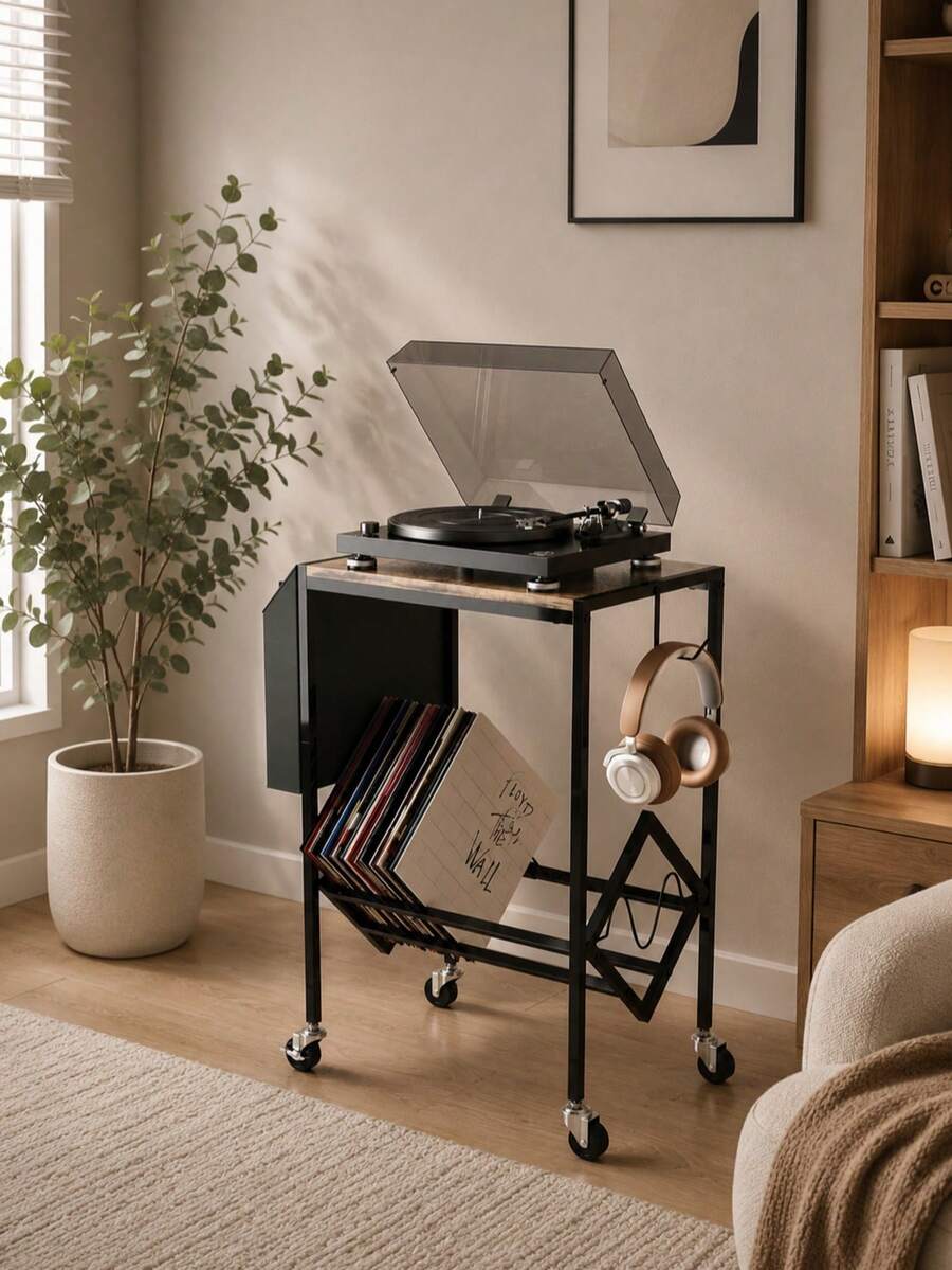 Estantería de almacenamiento de CD estilo retro, mesa lateral de acero al carbono creativa para sala de estar, soporte para discos de vinilo, estantería simple - Negro + madera - Ver 1