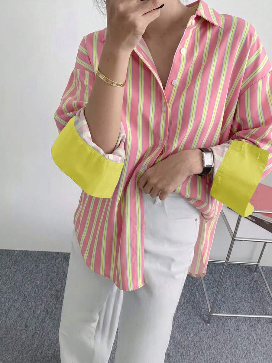 Kemeja Wanita Longgar Bergaris dengan Kancing Depan, Blus Gaya Kasual Santai dengan Manset Warna Kontras, Lengan Panjang untuk Kerja, Warna Pink Musim Semi/Panas - Berwarna merah muda - View 1