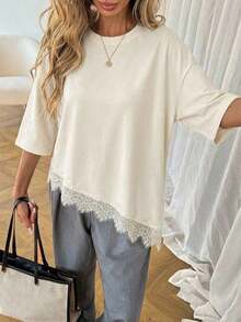 LUNE Camiseta básica de mujer de uso diario para primavera y verano, de unicolor, con dobladillo asimétrico y parches de encaje - Albaricoque - Ver 3
