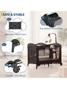 Soonbuy 4 In 1 Baby Playard, Portable Bedside Crib With Rocking Bassinet & Diaper Changer, Infant Pack And Play With Mattress, Newborn Changing Table - Black - View 5