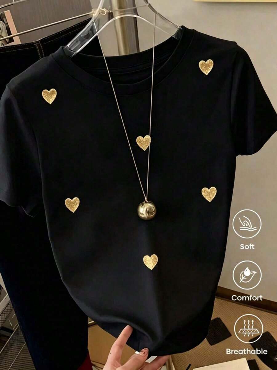 Short-Sleeved T-Shirt For Spring/Summer 2026, Made In Mexico, 180 Grams. Cartoon Print, Couple Design, Suitable For Indoor Or Outdoor Wear. Crew Neck, Unisex, Ideal For Office And Leisure. One-Pack. - 黑色 - 查看 1