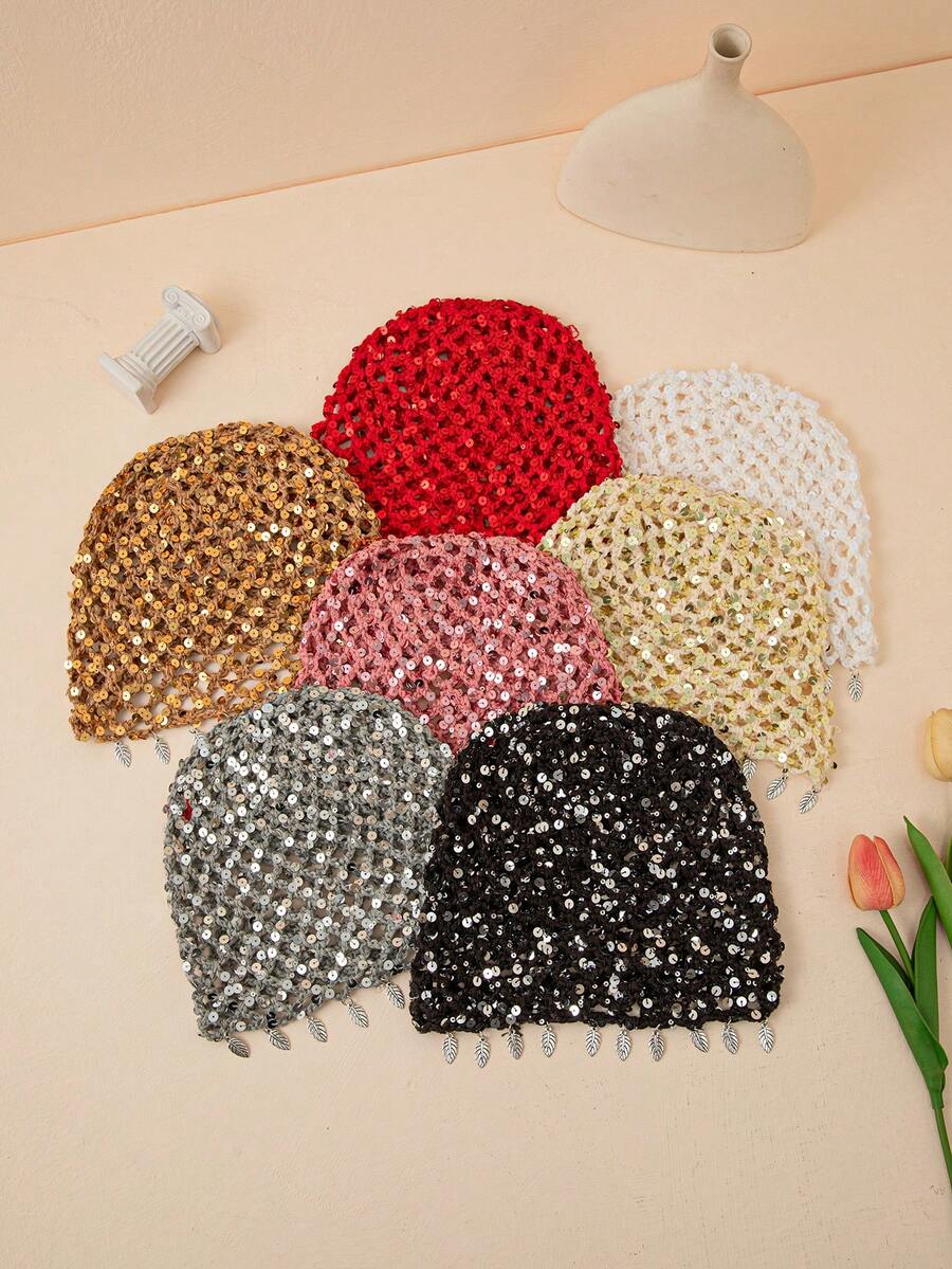 1 chiếc mũ len lưới đan tay thời trang mùa xuân/thu dành cho nữ, nhẹ, đính sequin hình lá, thích hợp cho đi biển và phong cách boho. - A - Xem 1