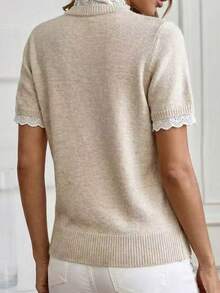 Solid Color Soft Knit Short Sleeve Top, Lace Trim Design, Loose Fit Flattering Short Style, Versatile For Spring/Summer Daily Wear - Apricot - View 3