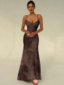 Vestido ajustado de tirantes con estampado de teñido anudado en marrón, adecuado para vacaciones en la playa, atuendo de verano, fiestas de verano y uso nocturno - Marrón 2 - Ver 6