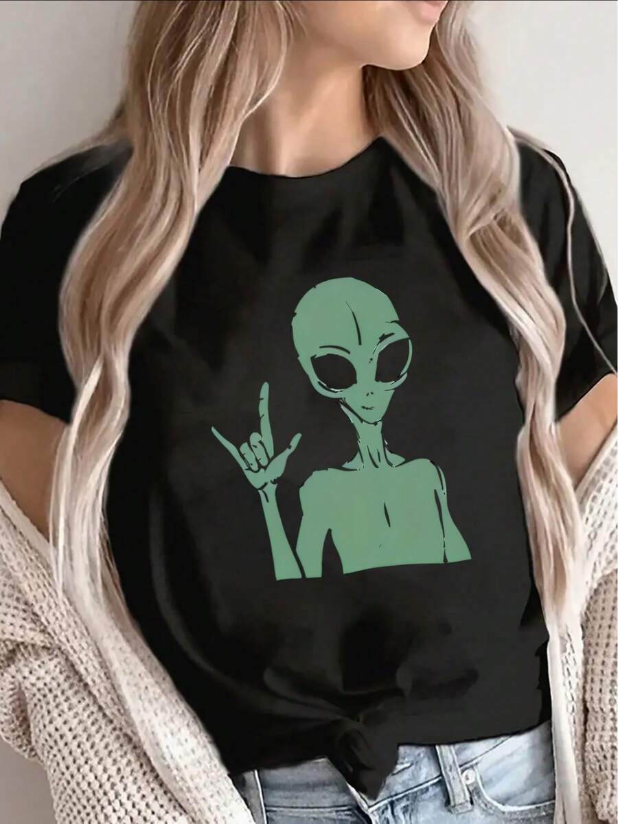Soft, 100% Cotton T-Shirt, Casual With An Alien Print, Short Sleeves, Featuring A Green Extraterrestrial Pattern. Lightweight And Durable, Ideal For Home, Dining, Or Outdoor Activities, Comfortable For Everyday Wear. Breathable Cotton T-Shirt, Goes With Everything. - 黑色 - 查看 1