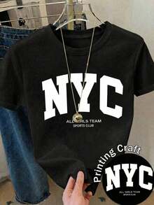 Soft 100% Cotton T-Shirt, Casual Women's T-Shirt With New York Graphic Print, Short Sleeve, Round Neck, Regular Fit, Streetwear Top With Slight Elasticity, Breathable Cotton T-Shirt, Goes With Everything, Great. - 黑色 - 查看 8