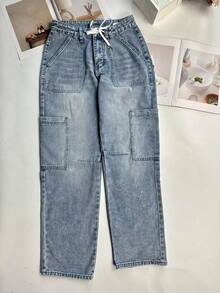 Women's Casual Straight-Leg Jeans, Drawstring Design, Long Length, Non-Stretch Fabric, Suitable For Daily Wear - Blue - View 5