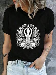 | 100% Algodón Puro y Transpirable| 1pc Camiseta de Manga Corta para Mujeres con Estampado de Mandala de Loto - Diseño  Bohemio, Ajuste Cómodo y Transpirable, Cuello Redondo, Top Casual de Yoga, Lavable a Máquina, Ropa para Todas las Estaciones, Top Unisex para Verano - Negro - Ver 10