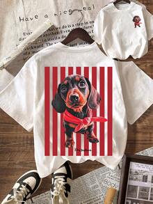 Áo thun nữ cổ tròn tay ngắn phối sọc tương phản in hình chó Dachshund dễ thương, kiểu dáng thường ngày, thích hợp cho kỳ nghỉ hè, màu trắng. - trắng - Xem 1