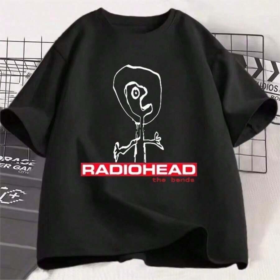 The Bends Summer T-Shirt, Loose Fit, Casual, Hip-Hop Style, Men's And Women's Streetwear, Harajuku Style, Cartoon Print And Lettering, Couple's, 100% Cotton. - 黑色 - 查看 1