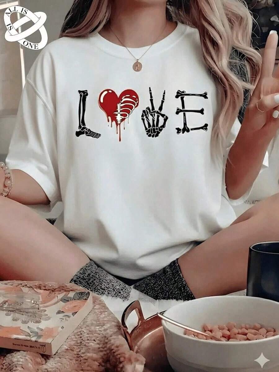 ALL IS ONE Pure Cotton Black T-Shirt With "LOVE" Graphic Of Skeletons And Ribs Heart, Dark Aesthetic Gothic Bones Tee, Oversized Loose Grunge Rock Style Blouse, Dark Valentine's Day Tops - 白色 - 查看 1