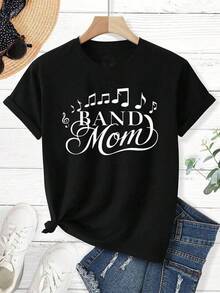 Retro GraphicWomen Soft Breathable Black Round Neck Graphic T-Shirt Band Mom Music Notes Casual Top With Applique Details,Camisetas populares de  para uso diario,Ropa de verano, ropa para niños y niñas,camisetas de apoyo para el Mundial,Camisetas del Mundial 2026,Camisetas estampadas,Camisetas estampadas, - Negro - Ver 6