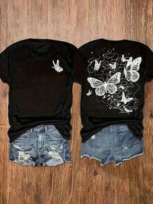 GiftCamiseta negra de cuello redondo para mujer con estampado de letras y anime de moda [diseño doble en la parte delantera y trasera], diseño sencillo, cómoda y transpirable, adecuada para el uso diario informal, que muestra un estilo natural y elegante, imprescindible para fiestas de verano, envío local - Camiseta unisex de algodón holgada de manga corta y cuello redondo estilo vintage urbano. Suave - Negro - Ver 1