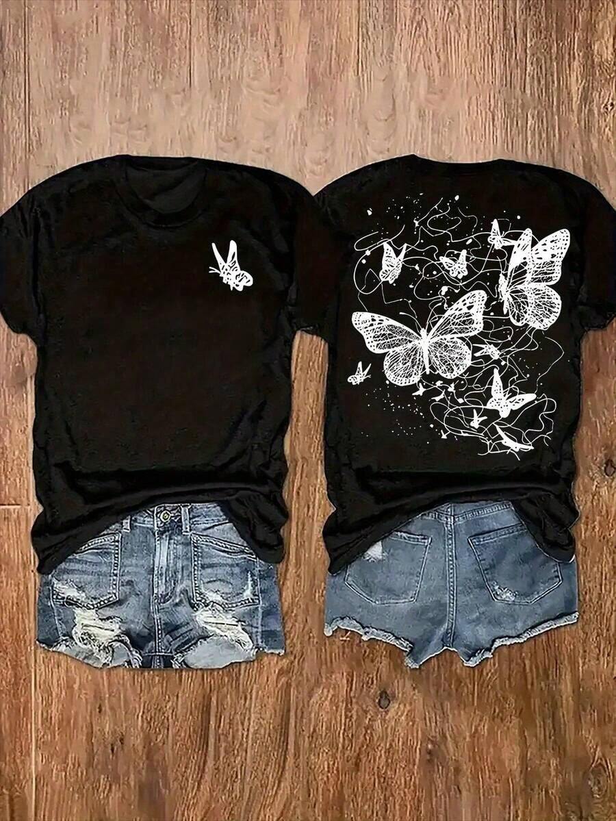 GiftCamiseta negra de cuello redondo para mujer con estampado de letras y anime de moda [diseño doble en la parte delantera y trasera], diseño sencillo, cómoda y transpirable, adecuada para el uso diario informal, que muestra un estilo natural y elegante, imprescindible para fiestas de verano, envío local - Camiseta unisex de algodón holgada de manga corta y cuello redondo estilo vintage urbano. Suave - Negro - Ver 1