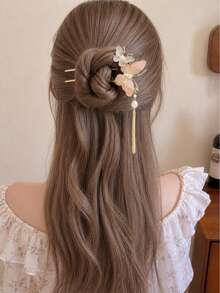topshiny 1PC Butterfly Tassel Hair Stick, Pearl Rhinestone Hair Pin For Bridal Bun Hairstyle - Pink - View 4