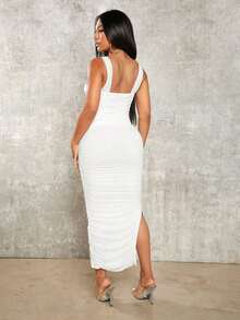Vestido de graduación; Vestido ajustado de malla con superposición fruncida y abertura en el muslo, vestidos en tonos pastel para mujeres - Blanco - Ver 2