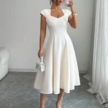 Elenzya Women's Solid Color Square Neck V-Neck Waist Flared Hem Short Sleeve Apricot Mid-Length Dress, Elegant French Retro Formal Office Commute Business Casual Beach Resort Afternoon Tea Street Minimalist Versatile Vintage Australian Home Outing Party Luxury Spring Summer New Best Selling Dresses Women Dress High Quality Dress Women Dresses Elegant Classic Women's Formal Wear Dress - Café integral - Ver 4