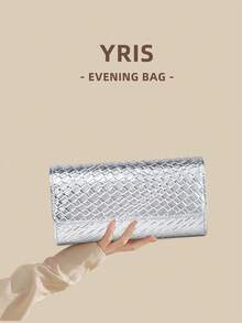 1pc Silver Woven Texture Mirror PU Clutch Bag, Smooth Body Is The Perfect Fusion Of Elegance And Fashion, Suitable For Wedding/Party/Prom/Banquet - Silver - View 3