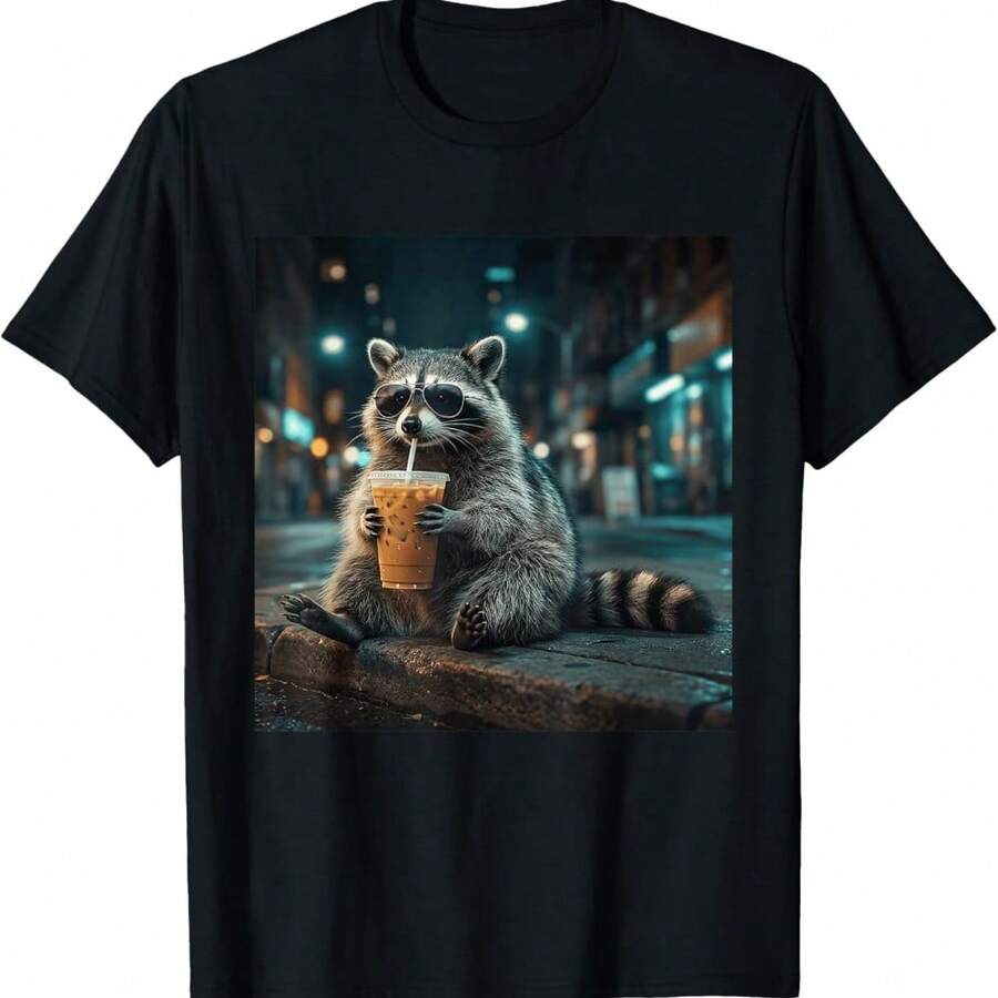Raccoon Drinking Iced Coffee Animal Meme T-Shirt - Black - View 1