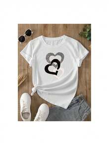 YOCASA Camiseta informal de verano para mujer, de cuello redondo, ajustada y manga corta, con estampado de pintura al óleo, floral, de corazones, de cerezas y de letras. Tejido informal sencillo, estilo deportivo, ideal para el día a día y para una cita de San Valentín. - Blanco - Ver 2