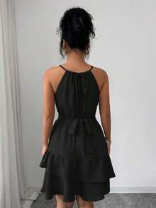 Vestido mini ajustado y acampanado sin mangas, elegante, de color caqui, con lazo de cuentas para mujer, para primavera/verano - Negro - Ver 2
