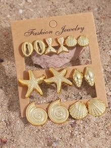 1/7 Pairs Gold-Plated Starfish, Shell, Seashell, Fish Tail Shaped Earrings Set, Beach Accessories, Women Summer Jewelry - Yellow Gold - View 8