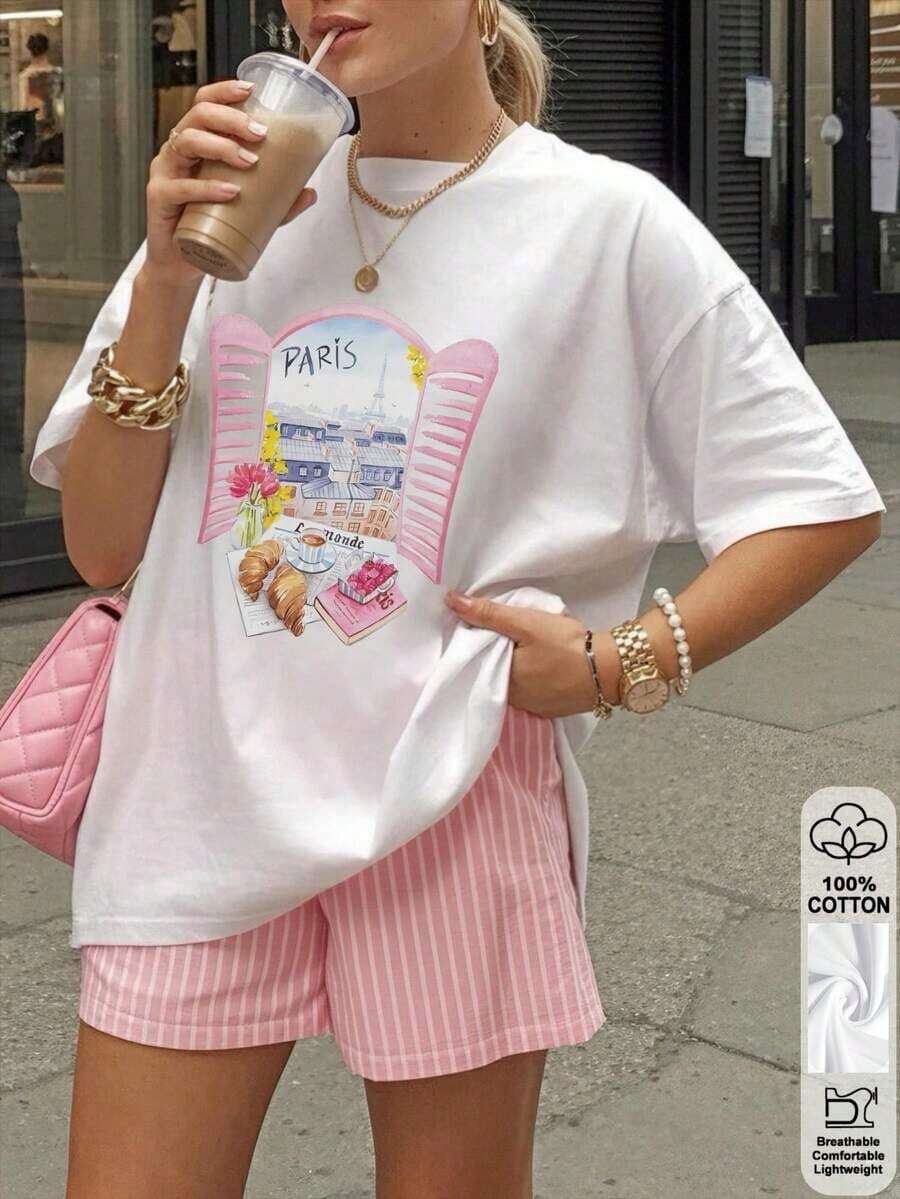 Camiseta para Mujer con Estampado de Frutas, Cuello Redondo, Manga Corta, Diseño Oversized, Ideal para Verano - Blanco - Ver 1