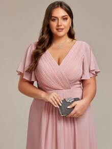 EVERPRETTY Plus Size Elegant Bridesmaid Dress, Deep V-Neck, Ruched Fitted Design, Ruffle Short Sleeves, Asymmetric Knee-Length Hem, Chiffon Fabric, Suitable For Formal Occasions - Rusty Rose - View 5