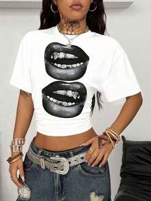 Camiseta corta de mujer con hombros caídos y rayas - Blanco - Ver 3