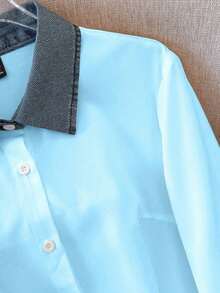 Camisa de efecto de mezclilla de parchwork casual para mujer, otoño/invierno - Azul - Ver 4