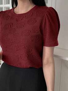 Blusa de mujer de manga corta y cuello redondo, camiseta de verano - Burdeos - Ver 2