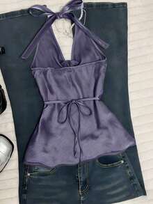 Nuevo top de verano de mujer con cuello halter, cintura fruncida y lazo, sexy y casual para vacaciones - Morado - Ver 2