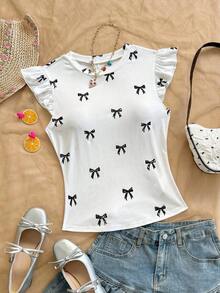 Camiseta casual de mujer con cuello redondo, mangas de volantes y estampado floral, blusas florales para mujer, blusas con mangas de volantes, para salir, blusas de manga corta lindas - Blanco y Negro - Ver 3