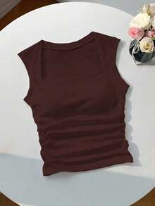 Camiseta sin tirantes con cuello cuadrado, cintura fruncida y sujetador acolchado sin aros - Marrón Chocolate - Ver 9