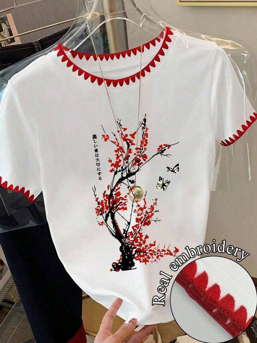 Camiseta de mujer de manga corta con cuello redondo, estampado floral y de uso versátil - Blanco - Ver 1