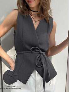 Camiseta de tirantes de diseño minimalista y unicolor para mujer - Gris Oscuro - Ver 8
