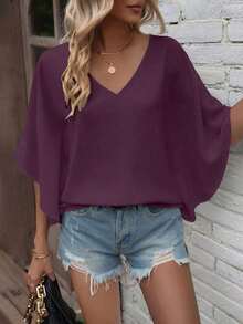 Camisa de manga de murciélago de unicolor casual, verano - Morado - Ver 8