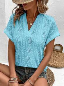 Camiseta suelta de mujer de manga de murciélago con escote en pico, de tela texturizada de unicolor, para verano y vacaciones - Azul - Ver 3