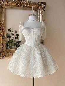 Elegante, romántico y de moda vestido de satén color café con hombros descubiertos y cola de sirena, con decoración floral 3D y volantes en el bajo, adecuado para fiestas de solteros, bodas, graduaciones, vacaciones, tardes de té y ocasiones formales - Albaricoque - Ver 8