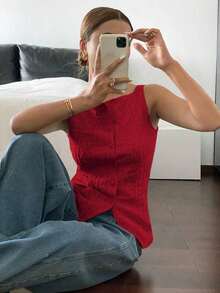 Blusa de verano informal de mujer de unicolor con textura y cierre de botones delantero - Rojo - Ver 3
