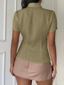 Blusa de cuello Mao de manga corta con cintura ceñida, estilo chino nuevo en color albaricoque, nuevo diseño de primavera/verano para mujer - Verde Oliva - Ver 7