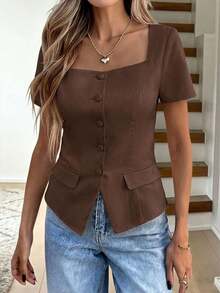 Camisa de unicolor sin mangas con cuello, top de estilo vintage retro para oficina - Café integral - Ver 2
