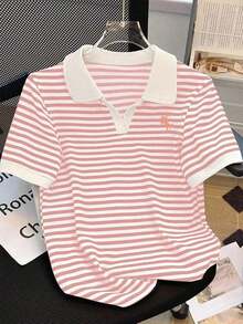 Camiseta de manga corta con cuello de polo a rayas casual de verano para mujer - Multicolor 3 - Ver 1